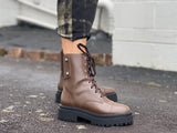 Quality European footwear. Women's boots made in Brazil, leather combat style boot in brown.
