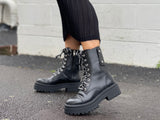 Quality European footwear. Women's boots made in Brazil, leather combat style boot in black.
