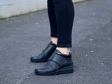 European made ankle boot, comfortable footbed, removable insoles, Velcro strap, easy to get on the foot. Shoes from Portugal. Leather uppers.