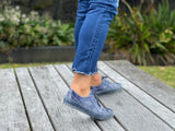 European sustainable women's fashion sneakers. Sole made from recycled plastic. Made in Spain in denim colour.