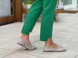European women's sandals. Ballet flat with woven detail on toe. Quality soft leather uppers in silvergrey.