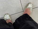 European women's sandals. Ballet flat with woven detail on toe. Quality soft leather uppers in gold.