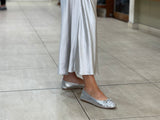 European women's sandals. Ballet flat with woven detail on toe. Quality soft leather uppers in silver.