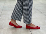 European women's sandals. Ballet flat with woven detail on toe. Quality soft leather uppers in red.