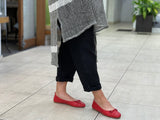 European women's sandals. Ballet flat with woven detail on toe. Quality soft leather uppers in red.