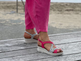 Quality European made leather sandals. From Spain, comfortable women's sandals in fuchsia/leopard.