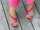 Quality European made leather sandals. From Spain, comfortable women's sandals in fuchsia/leopard.