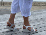 Quality European made leather sandals. From Spain, comfortable women's sandals in white/leopard.