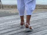 Quality European made leather sandals. From Spain, comfortable women's sandals in white/leopard.