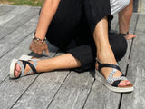 Quality European made leather sandals. From Spain, comfortable women's sandals in black/leopard.