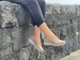 Comfortable European shoes. Women's shoes made from quality soft leather wedge sandals in taupe.