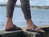 European made women's sandals. comfortable contoured cork footbed slide sandals. Quality leather sandals. In leopard animal print
