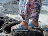 European made women's sandals. comfortable contoured cork footbed slide sandals. Quality leather sandals. In denim.
