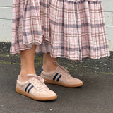 Comfortable sneakers, soft leather rubber sole unit. Great women's shoes for everyday wear in pink navy stripes.