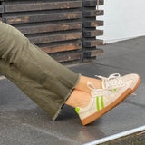 Comfortable sneakers, soft leather rubber sole unit. Great women's shoes for everyday wear in beige lime stripes.
