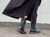 Women's boots, refined combat and biker style, quality leather boot in quality leather uppers. Full zipper with dome fastening. European, hand made in Portugal. Stylish and comfortable ankle boot. Midcalf black boot.