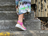 Quality European made women's sandals. Made in Spain, comfortable wedge sandals great for travel or work. In Fuschia.