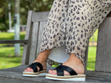 Aerobics are quality European women's sandals and slides. Soft leather with crossover detail in black. Espadrille detail around the sole unit.