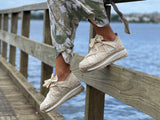 Quality European women's shoes. Made is Spain comfortable sport luxe fashion sneakers. Espadrille detail in beige.