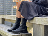 Women's boots, refined, pull on combat style, quality leather boot with elasticated gussets. European, hand made in Portugal. Stylish and comfortable ankle boot. Midcalf black boot.