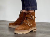 Fashionable work boot style European ankle boot. Comfortable women's boots hand made in Spain from quality suede leather, zipper and lace-up with buckle detail. Chunky rubber sole with a tan upper.