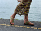 Quality European women's sandals. Made in Spain contoured cork footbed and rubber sole. Comfortable thong style sandal with buckle. Birkenstock style sandal in pistachio green.