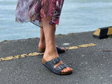 Quality European women's sandals. Made in Spain contoured cork footbed and rubber sole. Comfortable slide style sandal with double buckle detail. Birkenstock style sandal in blue.